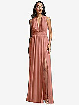 Front View Thumbnail - Desert Rose Shirred Deep Plunge Neck Closed Back Chiffon Maxi Dress