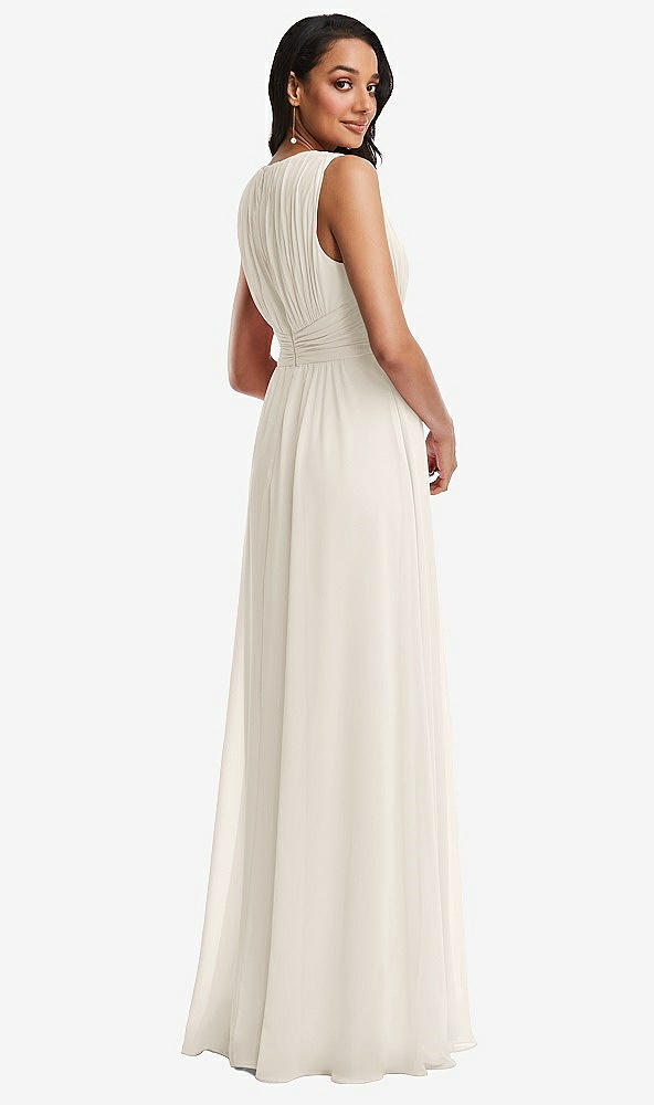Back View - Ivory Shirred Deep Plunge Neck Closed Back Chiffon Maxi Dress 
