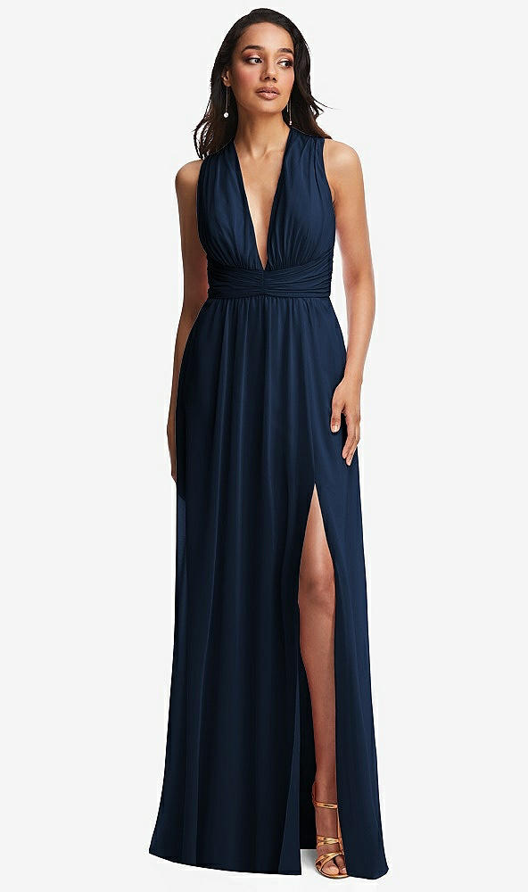 Front View - Midnight Navy Shirred Deep Plunge Neck Closed Back Chiffon Maxi Dress