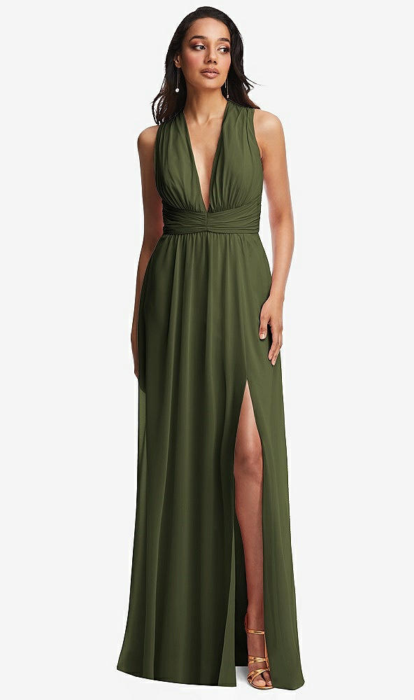 Front View - Olive Green Shirred Deep Plunge Neck Closed Back Chiffon Maxi Dress