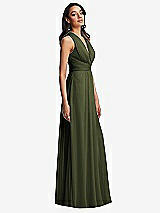 Side View Thumbnail - Olive Green Shirred Deep Plunge Neck Closed Back Chiffon Maxi Dress