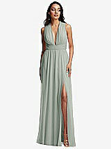Front View Thumbnail - Willow Green Shirred Deep Plunge Neck Closed Back Chiffon Maxi Dress