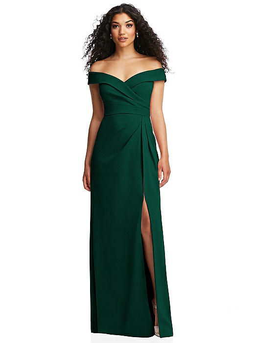 Cuffed Off-the-Shoulder Pleated Faux Wrap Maxi Dress