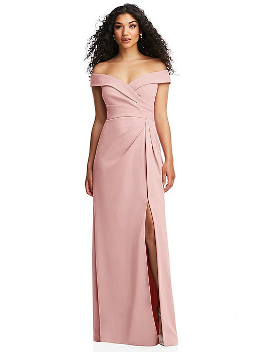 Cuffed Off-the-Shoulder Pleated Faux Wrap Maxi Dress