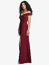 Side View Thumbnail - Burgundy Cuffed Off-the-Shoulder Pleated Faux Wrap Maxi Dress