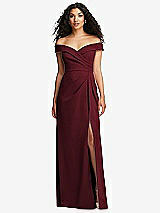 Front View Thumbnail - Cabernet Cuffed Off-the-Shoulder Pleated Faux Wrap Maxi Dress