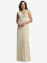Front View Thumbnail - Champagne Tiered Ruffle Plunge Neck Open-Back Maxi Dress with Deep Ruffle Skirt