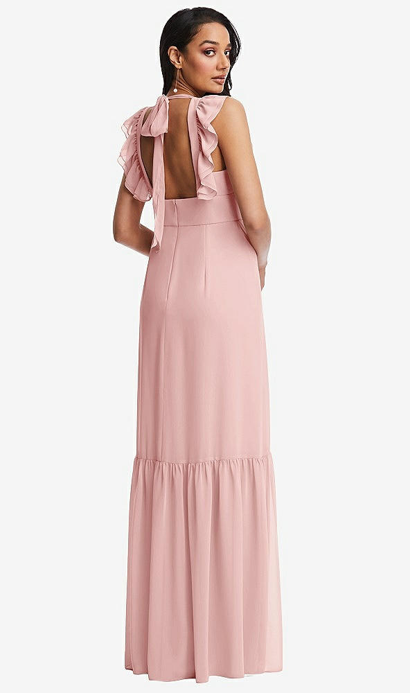 Back View - Rose Tiered Ruffle Plunge Neck Open-Back Maxi Dress with Deep Ruffle Skirt