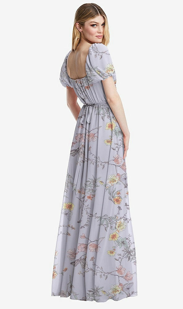 Back View - Butterfly Botanica Silver Dove Regency Empire Waist Puff Sleeve Chiffon Maxi Dress