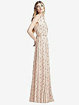 Side View Thumbnail - Coquette Floral Print Illusion Back Halter Maxi Dress with Covered Button Detail