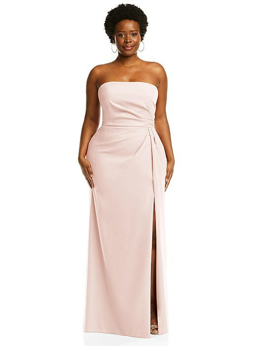 Strapless Pleated Faux Wrap Trumpet Gown with Front Slit