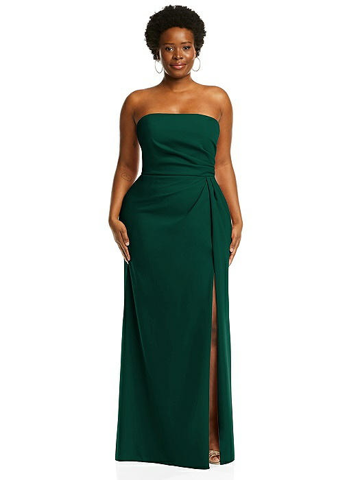 Strapless Pleated Faux Wrap Trumpet Gown with Front Slit