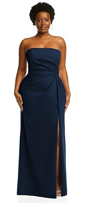 Strapless Pleated Faux Wrap Trumpet Gown with Front Slit
