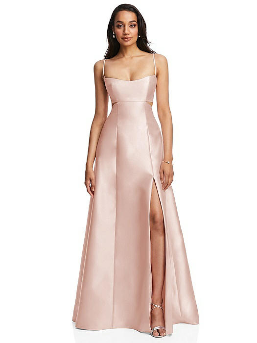 Open Neckline Cutout Satin Twill A-Line Gown with Pockets