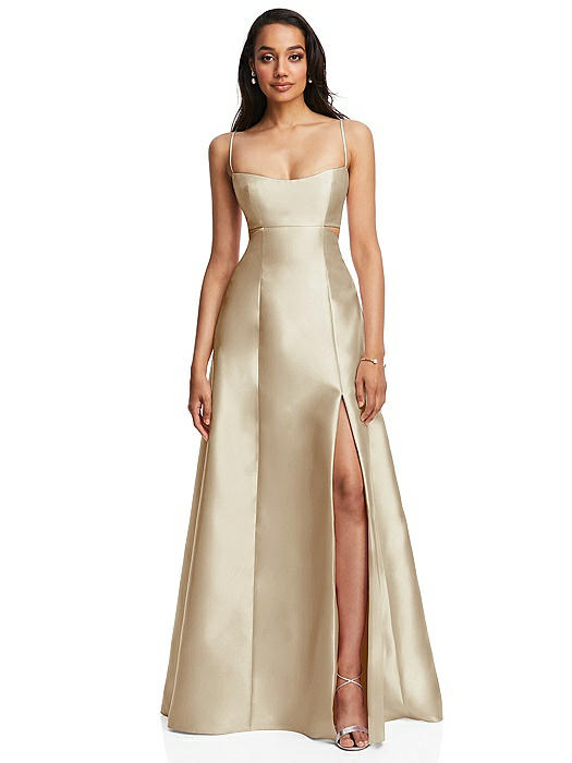Open Neckline Cutout Satin Twill A-Line Gown with Pockets