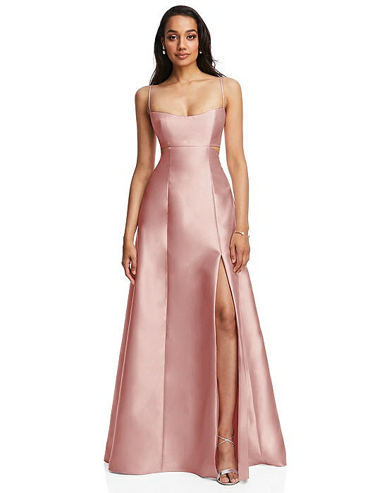 Open Neckline Cutout Satin Twill A-Line Gown with Pockets
