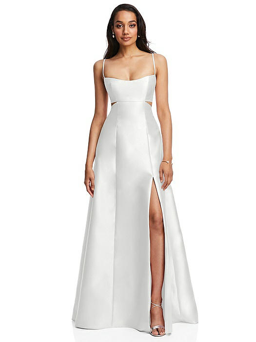 Open Neckline Cutout Satin Twill A-Line Gown with Pockets