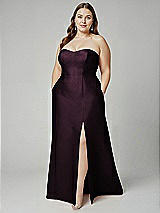 Alt View 1 Thumbnail - Deep Plum Strapless A-line Satin Gown with Modern Bow Detail