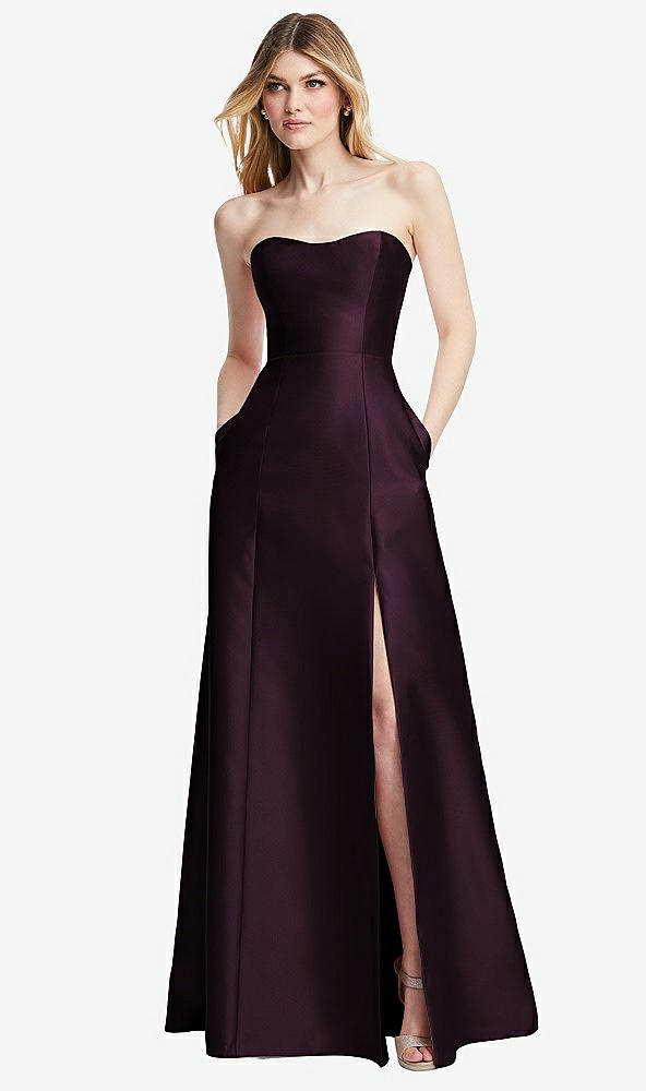 Back View - Deep Plum Strapless A-line Satin Gown with Modern Bow Detail