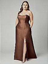 Alt View 1 Thumbnail - Cognac Strapless A-line Satin Gown with Modern Bow Detail