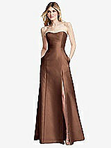 Rear View Thumbnail - Cognac Strapless A-line Satin Gown with Modern Bow Detail