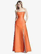 Rear View Thumbnail - Portofino Orange Strapless A-line Satin Gown with Modern Bow Detail
