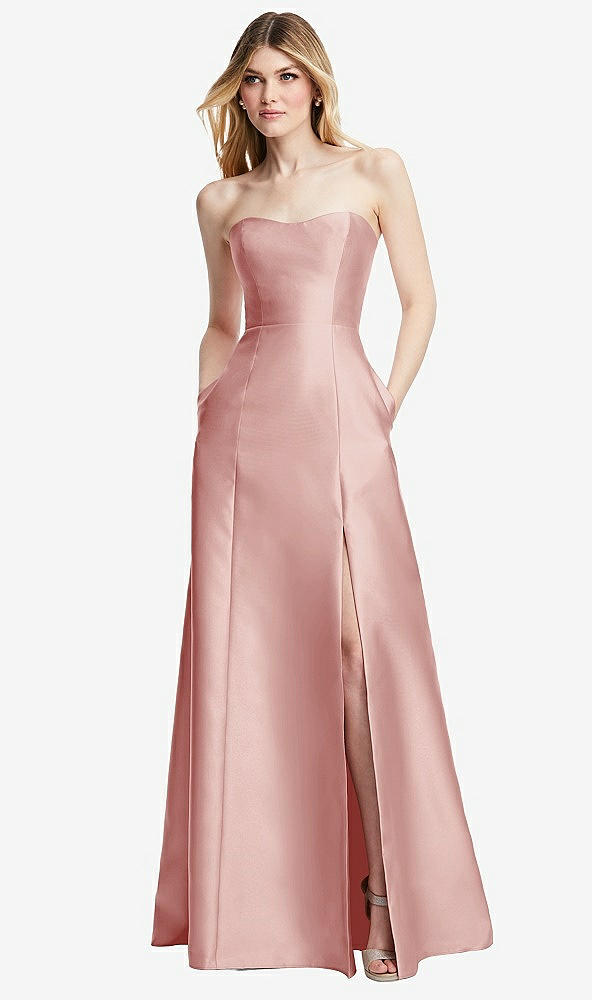 Back View - Rose Strapless A-line Satin Gown with Modern Bow Detail