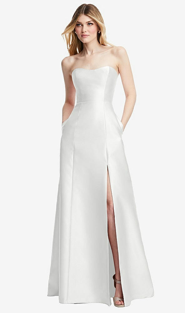 Back View - White Strapless A-line Satin Gown with Modern Bow Detail