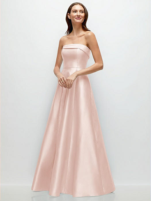 Strapless Bias Cuff Bodice Satin Gown with Pockets