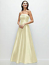 Front View Thumbnail - Butter Yellow Strapless Bias Cuff Bodice Satin Gown with Pockets