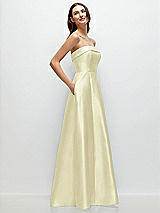 Rear View Thumbnail - Butter Yellow Strapless Bias Cuff Bodice Satin Gown with Pockets