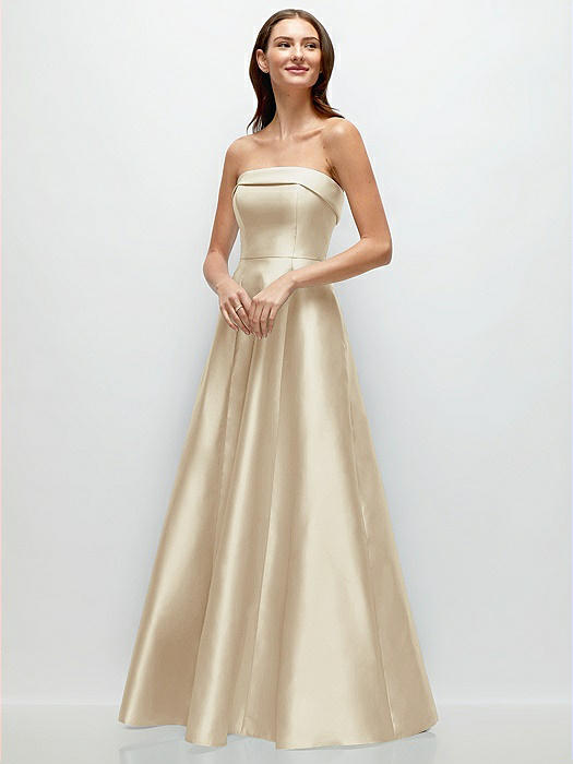 Strapless Bias Cuff Bodice Satin Gown with Pockets