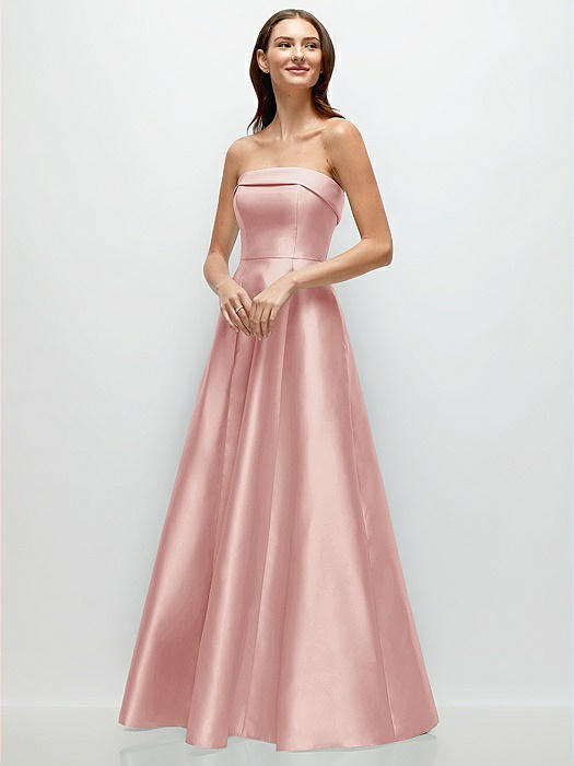 Strapless Bias Cuff Bodice Satin Gown with Pockets