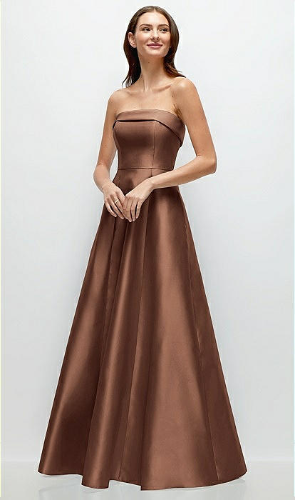 Strapless Bias Cuff Bodice Satin Bridesmaid Dress With Pockets In