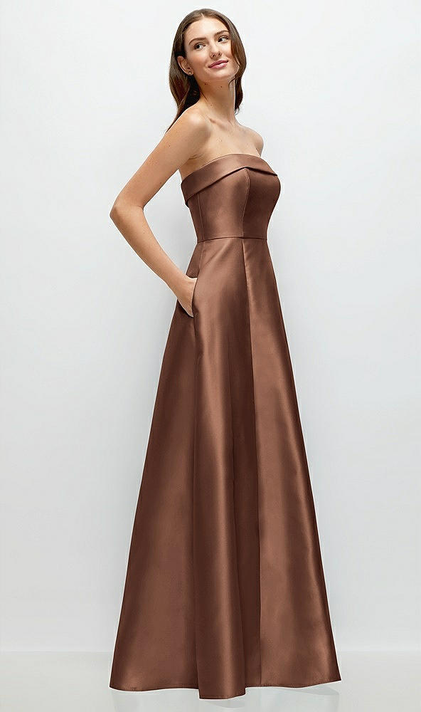 Back View - Cognac Strapless Bias Cuff Bodice Satin Gown with Pockets