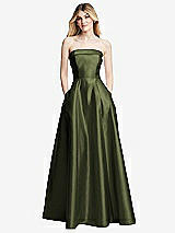 Alt View 3 Thumbnail - Olive Green Strapless Bias Cuff Bodice Satin Gown with Pockets