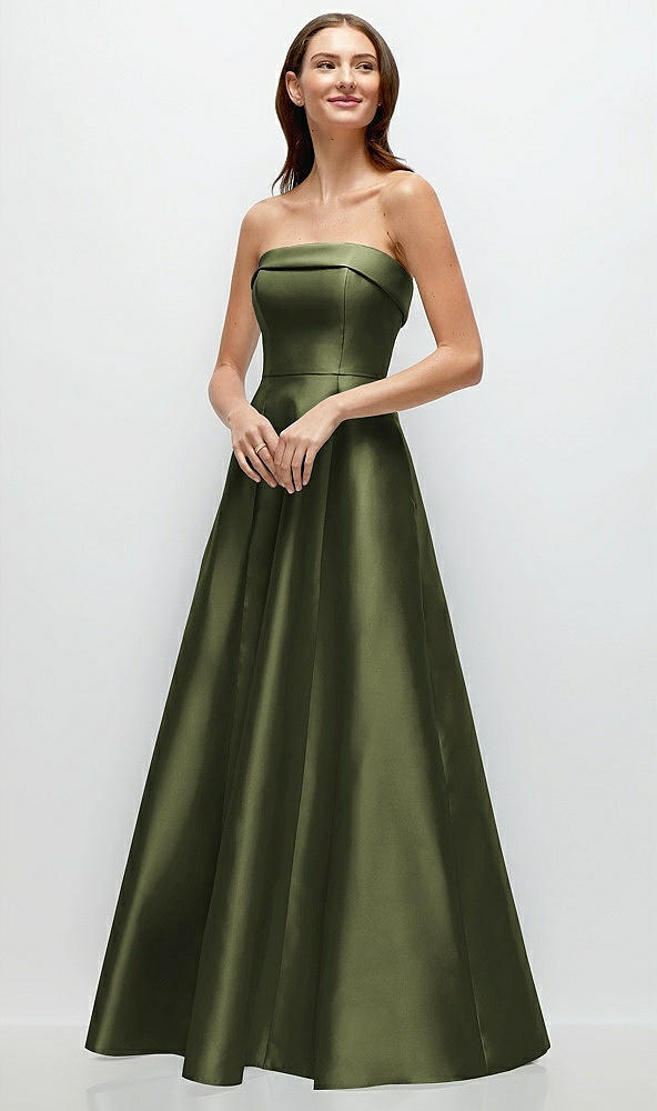 Front View - Olive Green Strapless Bias Cuff Bodice Satin Gown with Pockets