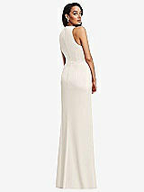 Rear View Thumbnail - Ivory Pleated V-Neck Closed Back Trumpet Gown with Draped Front Slit