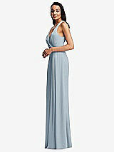 Side View Thumbnail - Mist Pleated V-Neck Closed Back Trumpet Gown with Draped Front Slit