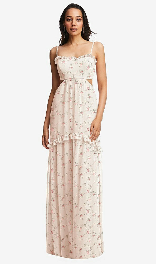 Front View - Coquette Floral Print Ruffle-Trimmed Cutout Tie-Back Maxi Dress with Tiered Skirt