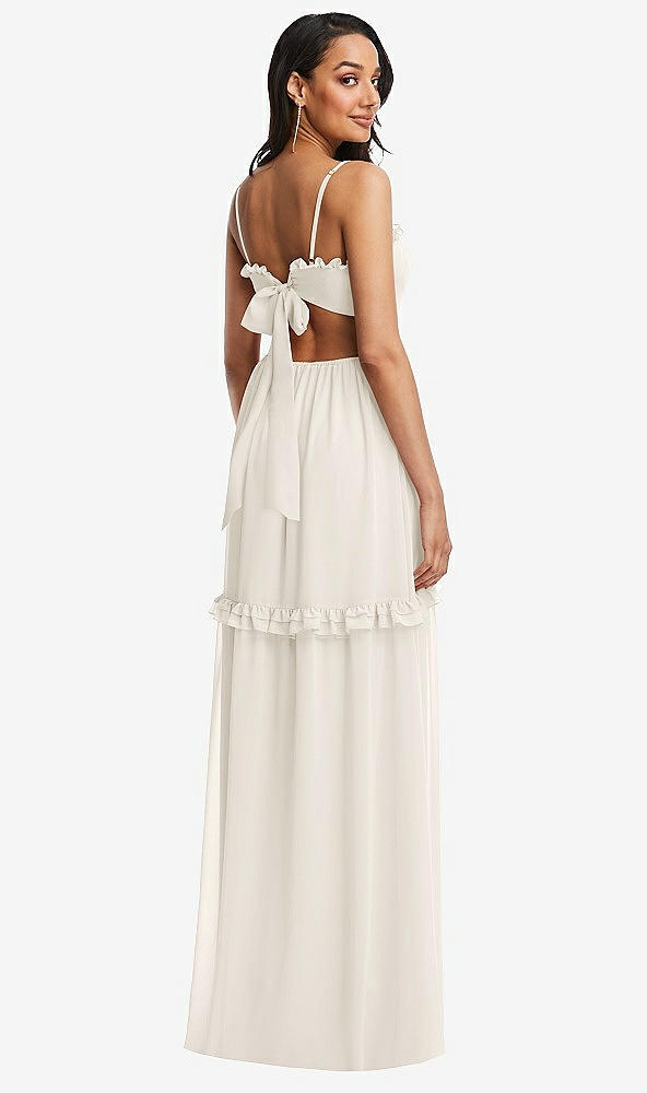 Back View - Ivory Ruffle-Trimmed Cutout Tie-Back Maxi Dress with Tiered Skirt