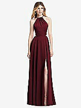 Front View Thumbnail - Cabernet Halter Cross-Strap Gathered Tie-Back Cutout Maxi Dress