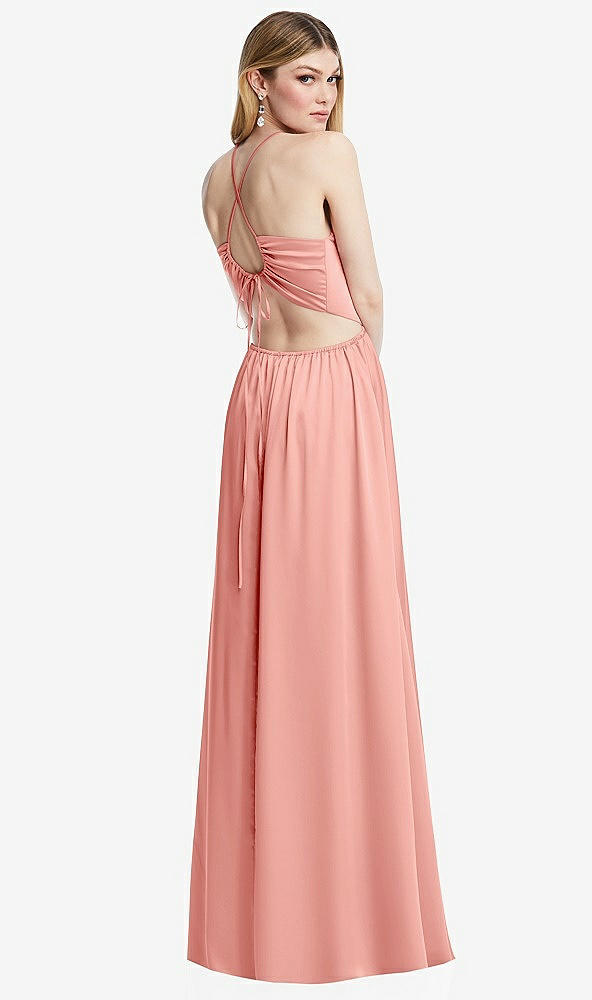 Back View - Rose Halter Cross-Strap Gathered Tie-Back Cutout Maxi Dress