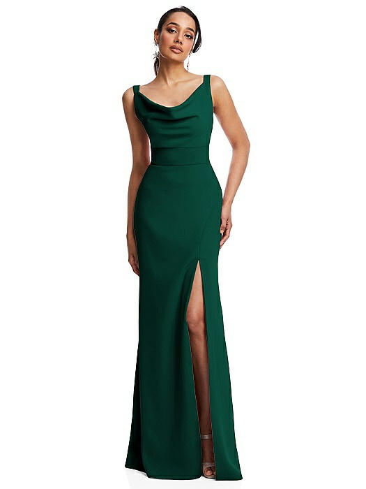 Cowl-Neck Wide Strap Crepe Trumpet Gown with Front Slit