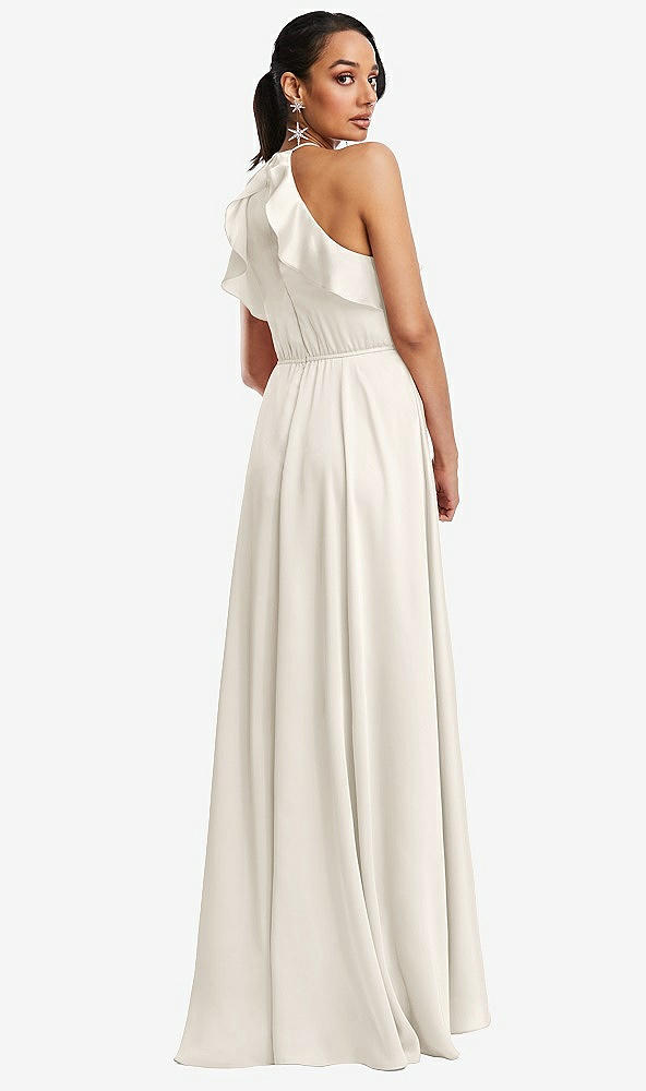 Back View - Ivory Ruffle-Trimmed Bodice Halter Maxi Dress with Wrap Slit