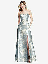 Front View Thumbnail - Porcelain Blue Seraphina Floral Strapless A-line Floral Satin Gown with Modern Bow Detail