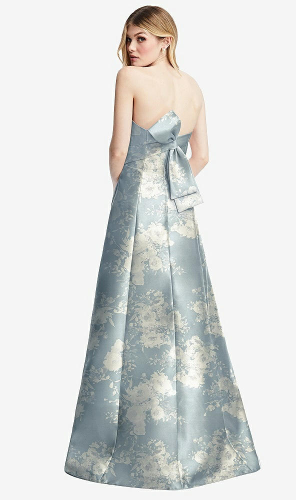 Back View - Porcelain Blue Seraphina Floral Strapless A-line Floral Satin Gown with Modern Bow Detail