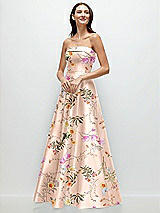 Front View Thumbnail - Butterfly Botanica Pink Sand Strapless Bias Cuff Bodice Floral Satin Gown with Pockets