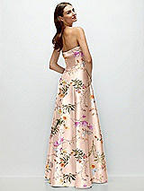 Rear View Thumbnail - Butterfly Botanica Pink Sand Strapless Bias Cuff Bodice Floral Satin Gown with Pockets