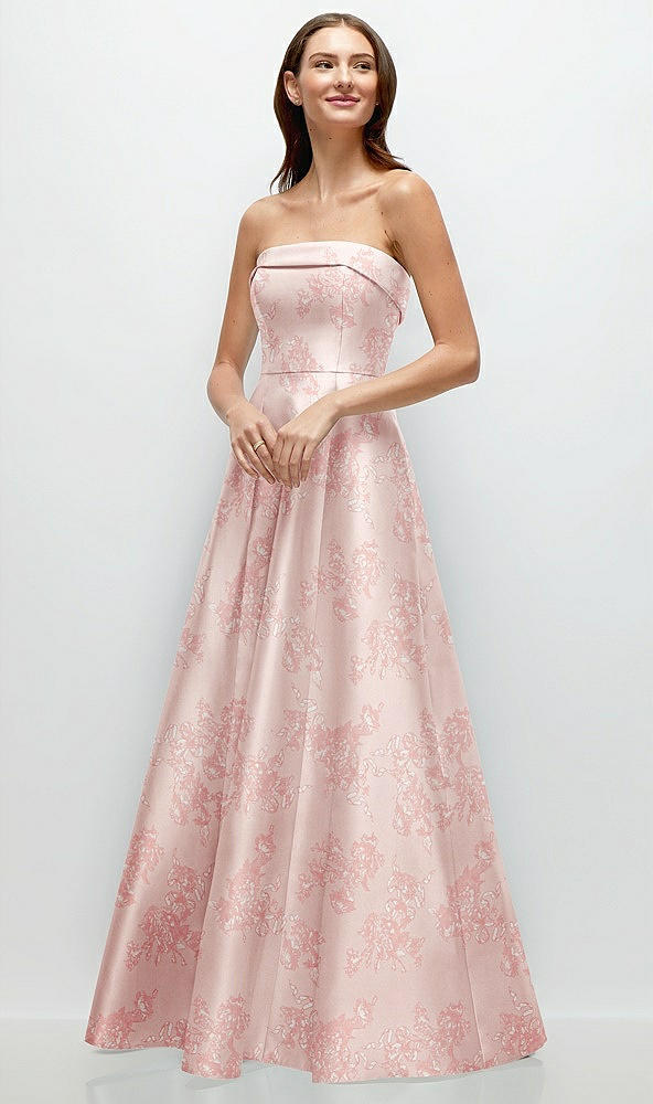 Front View - Bow And Blossom Print Strapless Bias Cuff Bodice Floral Satin Gown with Pockets